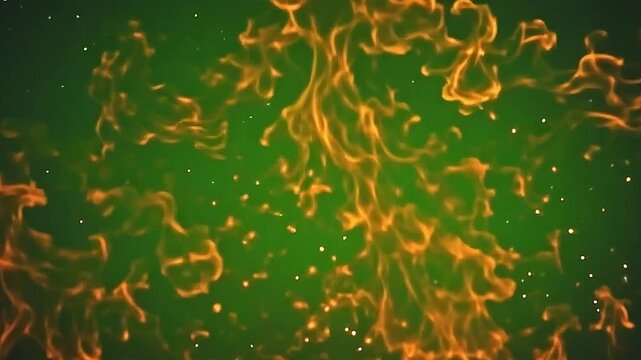 Against a bright green background, explode orange flame texture bursts gently, the fiery patterns floating softly and blending seamlessly.