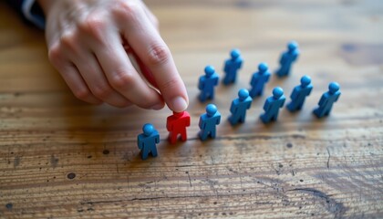 top view of a manager's hand picking a unique red figure from a group of blue figurines arranged on a wooden desk, symbolizing recruitment, leadership, and hr decision making