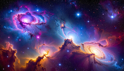 Fototapeta premium Colorful nebula and bright stars in deep space with glowing galaxies and cosmic clouds creating vibrant and mysterious cosmic scene full of wonder and beauty