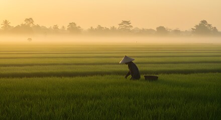 Golden Sunrise Over Rice Fields A Peaceful Morning Scene of Rural Agriculture in Asia
