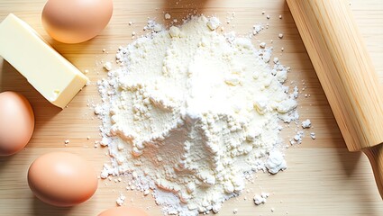 Baking ingredients arranged on a wooden surface