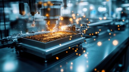 Fototapeta premium High Tech Semiconductor Manufactu Process with Precision Equipment and Bright Sparks in Industrial Setting
