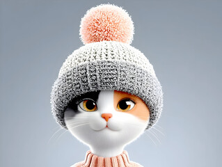 Close-up portrait of an cat wearing a funny handmade winter woolen hat, looking up with curiosity, funny animals
