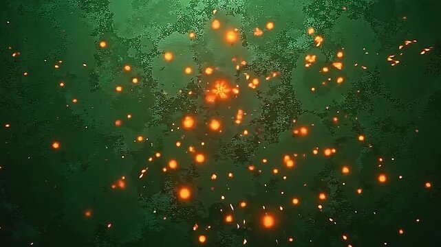 On a textured green background, explode orange flame texture sprays powerfully, the fiery patterns moving vividly in bold shapes.