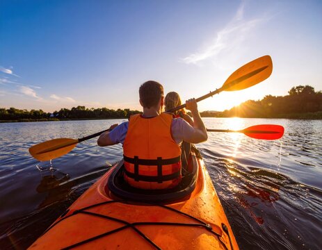Kayaking adventure at sunset on a calm river with friends enjoying nature's beauty together