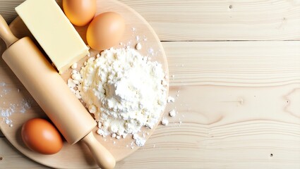 Baking ingredients on wooden board flour eggs butter rolling pin