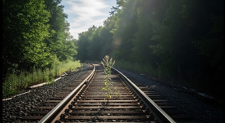 Obraz premium Resilience and hope a lone plant grows amidst railroad tracks in a forest