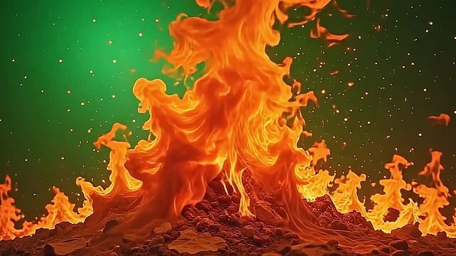 Explode orange flame texture sprays wildly on a glowing green background, the fiery patterns moving energetically in layered motion.