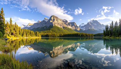 Panoramic view of mountain range with clear lake reflecting rocky peaks and green pine forest under blue sky with scattered clouds, peaceful natural landscape