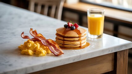 Breakfast food stack with bacon eggs and orange juice