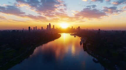 Naklejka premium Breathtaking cityscape at sunset with a river reflecting the vibrant sky and skyline silhouette