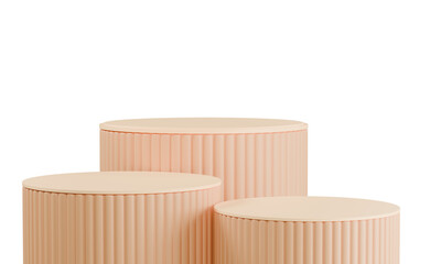 Minimalist 3D render: three empty pastel pink cream cylindrical product display pedestals on a soft gradient background. Ideal for cosmetics, skincare, jewelry, conveying clean elegance.