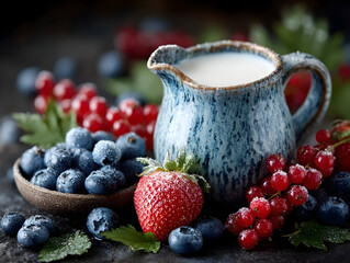 Blue ceramic milk pitcher nestled among ripe blueberries, strawberries, redcurrants, scattered green leaves, dusted with powdered sugar on rustic wooden surface
