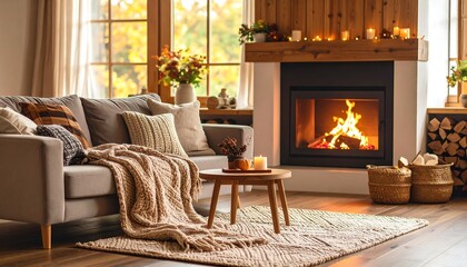 Cozy Living Room with Fireplace Autumn Vibes with Comfort, Relaxation, and Fall Decor.