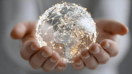 Pair of hands holding a transparent globe with digital connections and nodes superimposed over it, representing a network, global communication
