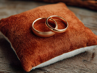 Golden wedding rings intertwining on rich brown velvet, representing marital bond and intimate commitment with elegant, symbolic elegance