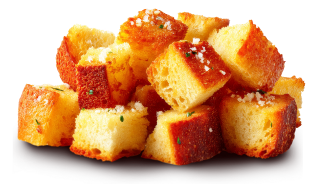 Top view of cube-shaped crispy bread with golden crust, floating on transparent PNG for food packaging or menus.