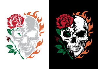 Skull with Fire and Roses Tattoo Style Art. Detailed skull illustration with flaming hair and roses, in a traditional tattoo-inspired aesthetic. Perfect for edgy designs and clothing.