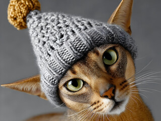 Close-up portrait of an cat wearing a funny handmade winter woolen knitted hat, looking up with curiosity, funny animals