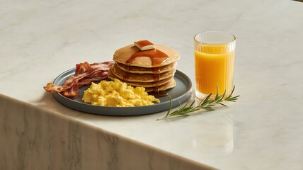 Breakfast plate with pancakes bacon and orange juice