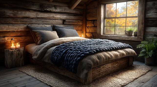 A cozy bedroom with wooden paneling, soft lighting, and layered wool blankets. - Powered by Adobe