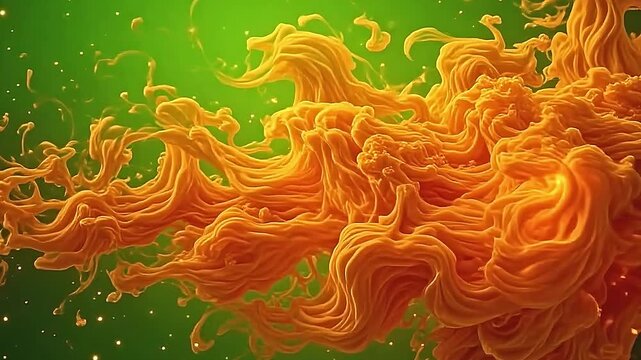 Explode orange flame texture sprays rapidly across a bright green background, the warm fire patterns moving vividly in bold, layered motion.