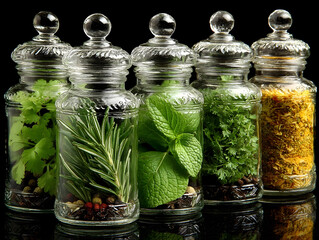 Glass transparent jars with medicinal useful herbs, seasonings and spices, jar with lids for stylish kitchen design, home cooking, salt, seasoning, aromatic herbs for baking