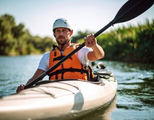Man enjoys kayaking on a calm river surrounded by lush greenery during a sunny afternoon. A man paddles a kayak on a serene river, wearing a bright life jacket, enjoying a peaceful day in nature under