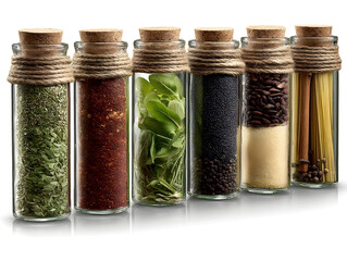 Glass transparent jars with medicinal useful herbs, seasonings and spices, jar with lids for stylish kitchen design, home cooking, salt, seasoning, aromatic herbs for baking