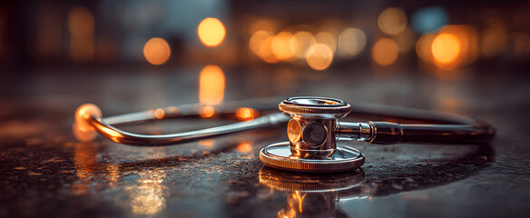 The elegant stethoscope resting on a reflective surface in a clinical setting