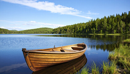 Obraz premium Wooden rowboat on calm lake near green forest under blue sky with white clouds reflecting on water surface in peaceful natural landscape