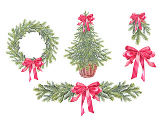 Watercolor set with Christmas tree in basket and red ribbon bow isolated on white background. Forest evergreen fir or pine for card. Hand-drawn clipart for new year celebration or wrapping wallpaper