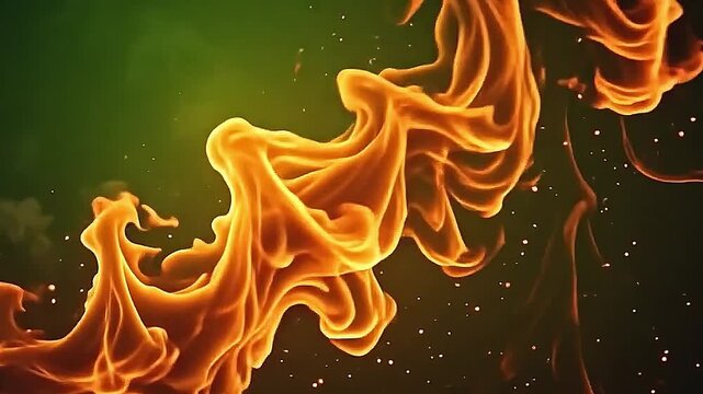 Explode orange flame texture rolls wildly over a lush green background, the fiery patterns flowing energetically in bold, dynamic motion.