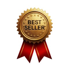 Golden best seller award ribbon with red ribbons