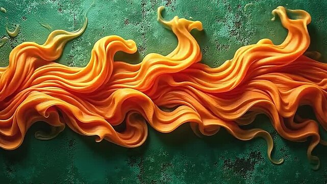 Explode orange flame texture rolls gently over a textured green background, the fiery patterns moving softly while contrasting beautifully against the green canvas.