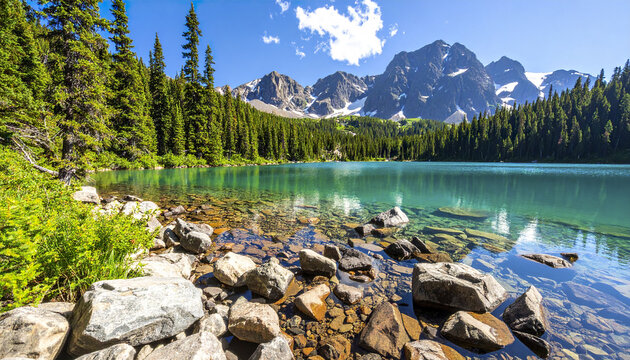 Crystal alpine lake with rocky shoreline and pine trees under blue sky and snow capped mountain ridges, creating peaceful and refreshing natural landscape scene
