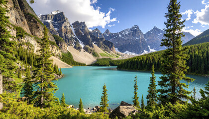 Turquoise alpine lake surrounded by evergreen forest and dramatic snow capped mountain ridge under partly cloudy sky in scenic natural landscape