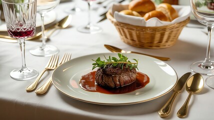 Elegant dinner setting with steak, wine, and bread basket
