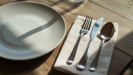 Empty plate and silverware on wooden table setting