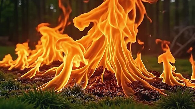 Explode orange flame texture cascades wildly over a natural green background, the fiery patterns moving vividly in complex shapes.