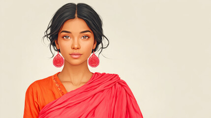 A vibrant cartoon of an Indian woman in a sari, showcasing traditional attire and cultural heritage.