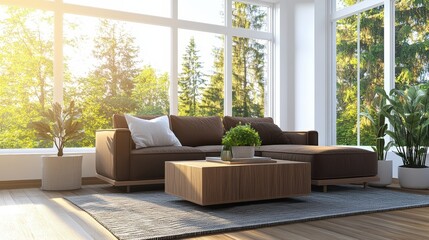 Bright modern living room with large overlooking lush green trees and stylish furniture