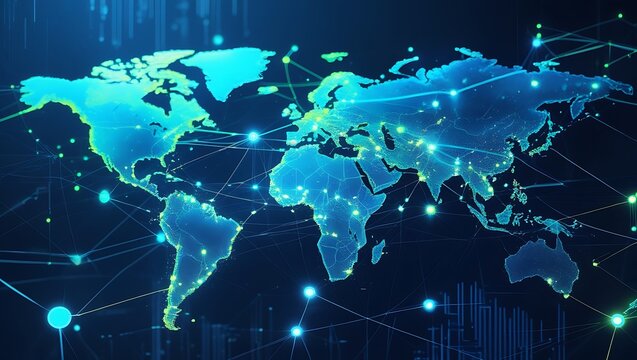 Digital world map representing global network connections and technological advancements
