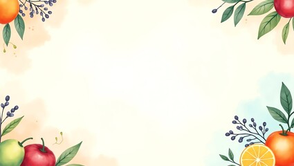 Fruit border watercolor illustration with leaves and berries