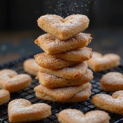 A stack of heart shaped cookies with powdered sugar on a black wire rack with more cookies around it