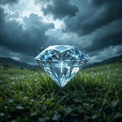 A large diamond sitting in a field of green grass under a cloudy sky with distant mountains view