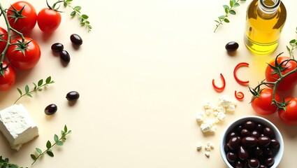 Greek ingredients arranged on a light background
