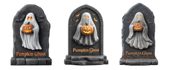 Collection of Tall grave stone-shaped flat stone plaque in dark gray with carved edges for Halloween isolated on white or transparent background