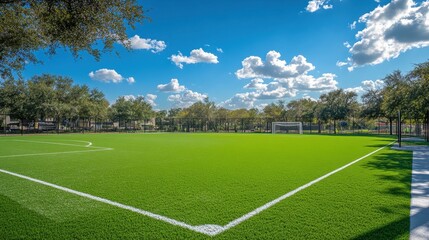 Obraz premium Green grass soccer field with bright blue sky and white clouds background. Illustrates sports, recreation, exercise, and healthy lifestyle concepts.