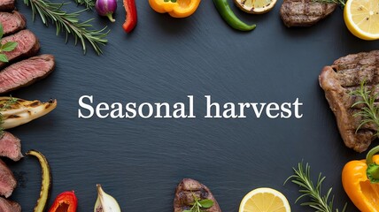 Grilled meat and vegetables seasonal harvest on dark slate
